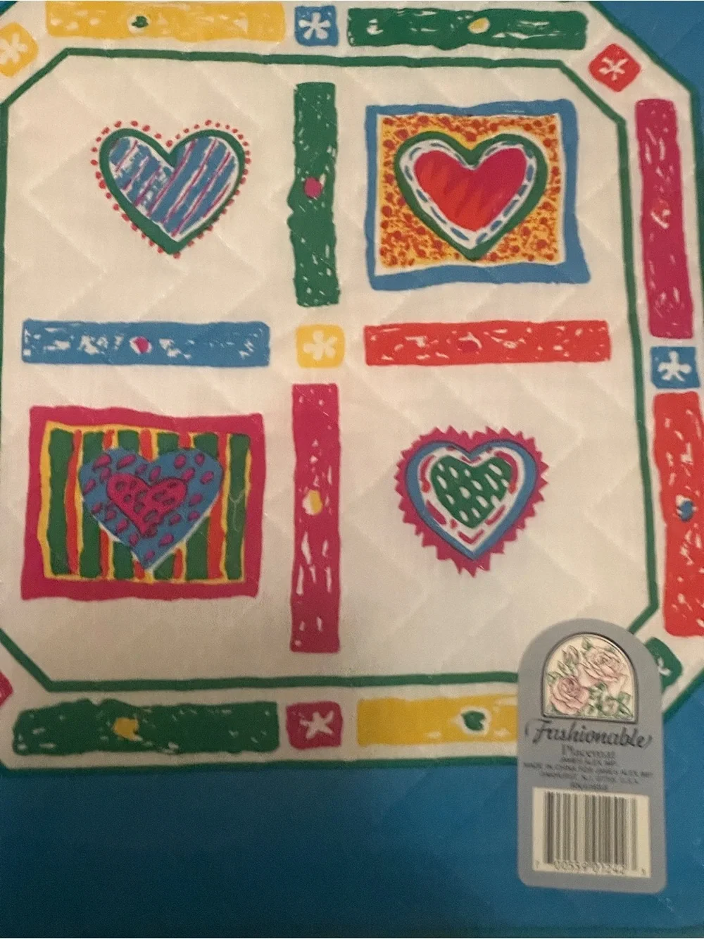 4 Vtg Quilted Patchwork Placemats Multi Color Hearts Blue Border 1990s READ